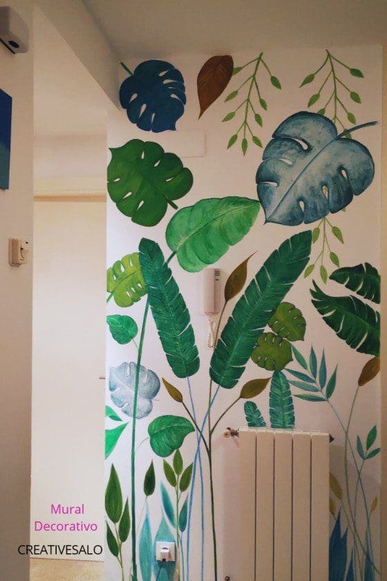 Mural decorativo hojas tropicales, pintado a mano con pintura acrílica. CreativeSalo.