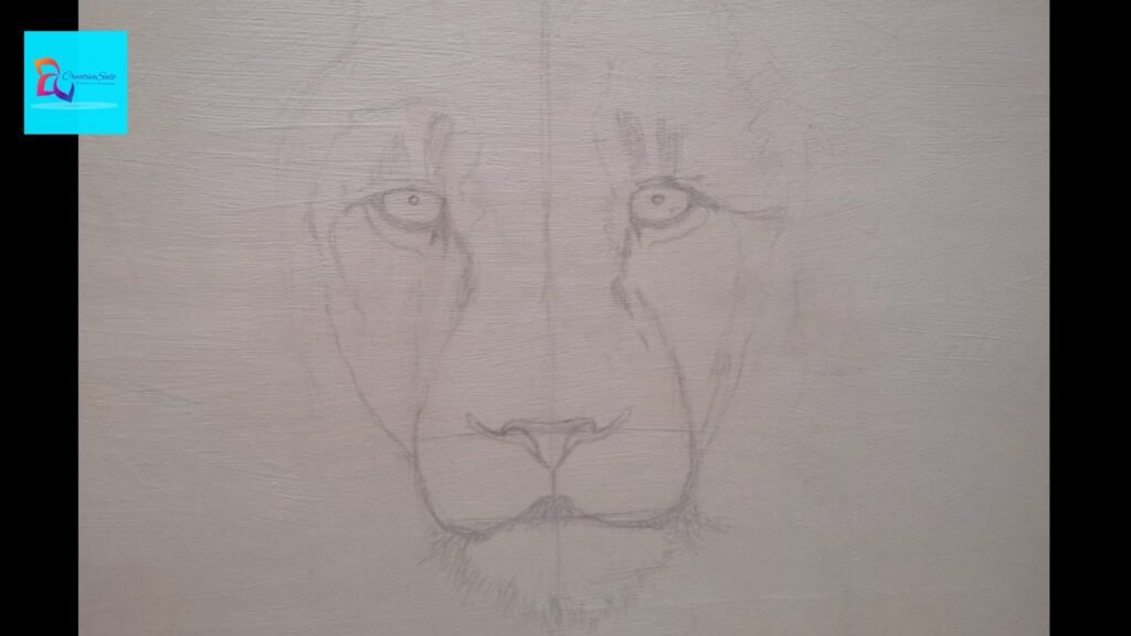 Boceto a lápiz del rostro de un león como base del proceso creativo en pintura acrílica.