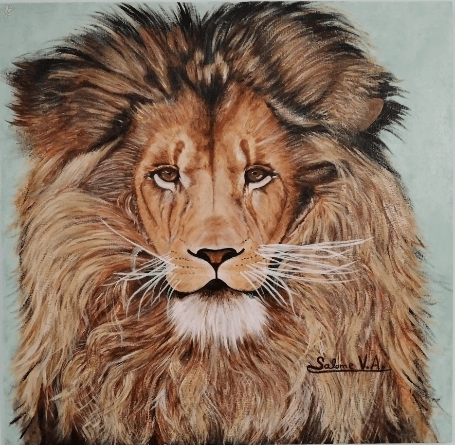 Retrato figurativo de un león pintado a mano con pintura acrílica por Salomé Viejo Aguilar.