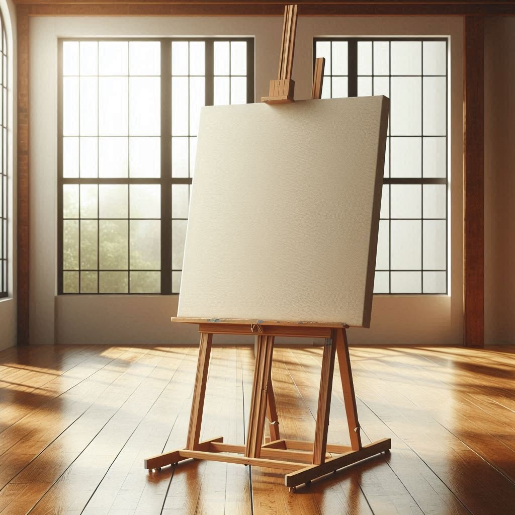Caballete de madera con estructura en H en un estudio artístico con luz natural y lienzo de gran formato