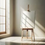 Caballete de madera con lienzo en blanco en un estudio artístico iluminado con luz natural