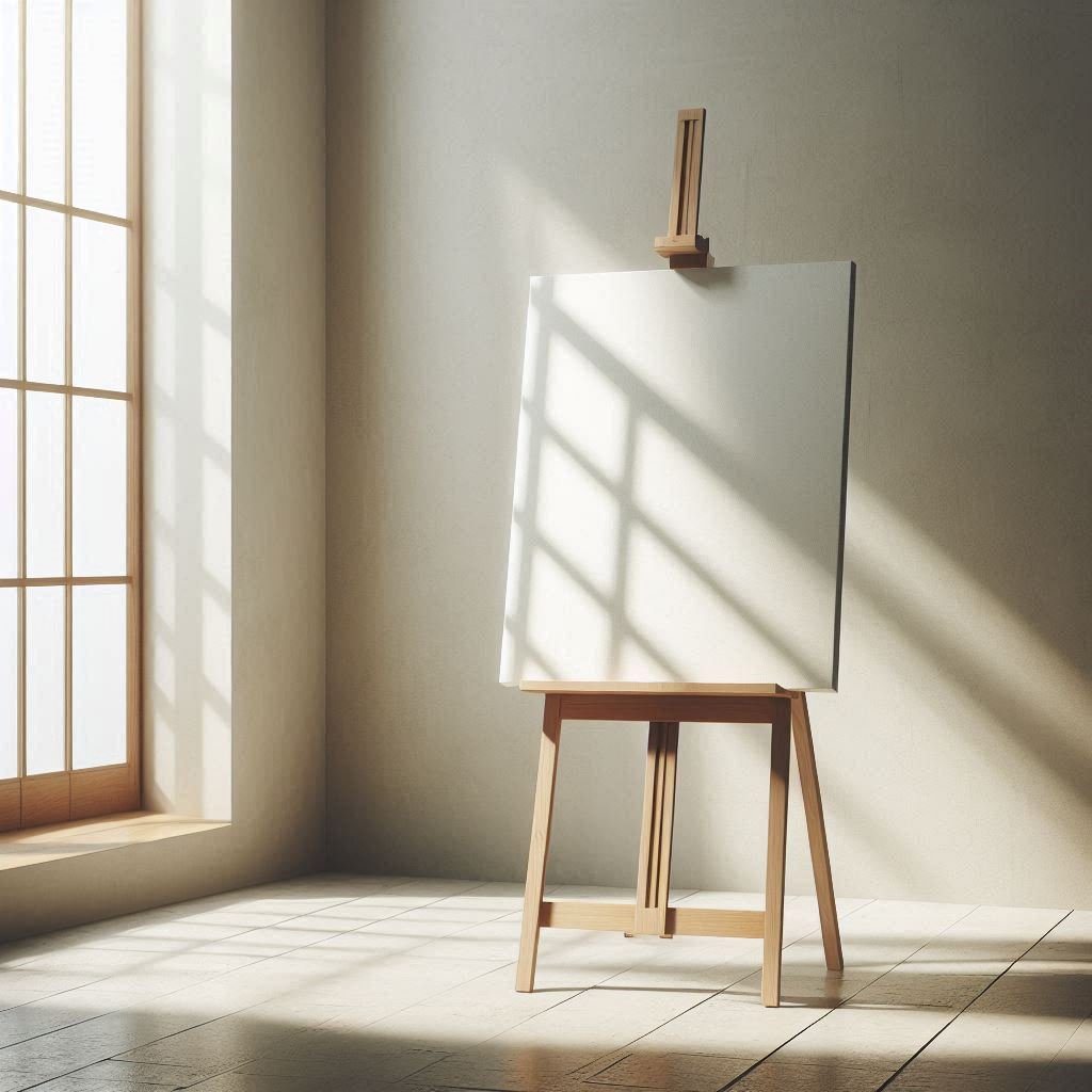 Caballete de madera con lienzo en blanco en un estudio artístico iluminado con luz natural