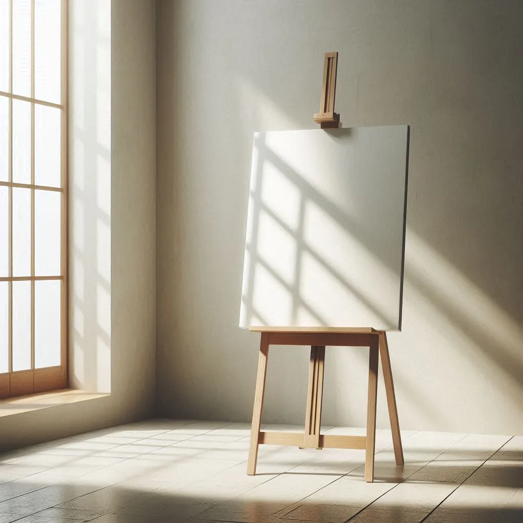 Caballete de madera con lienzo en blanco en un estudio artístico iluminado con luz natural