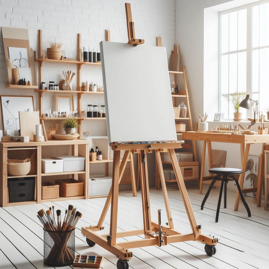 Caballete de madera con ruedas y obra expuesta en un estudio de artista
