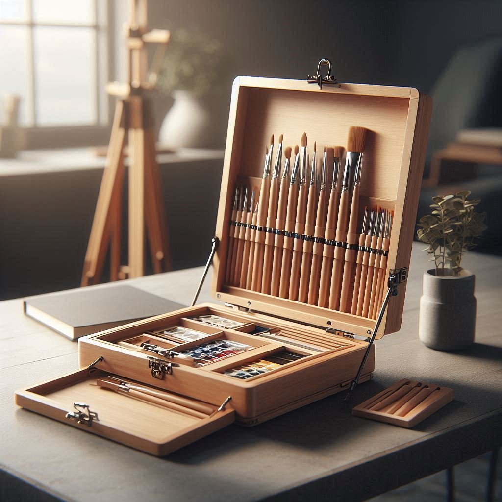 Caballete maletín de madera con materiales de pintura organizados en un espacio creativo con luz natural