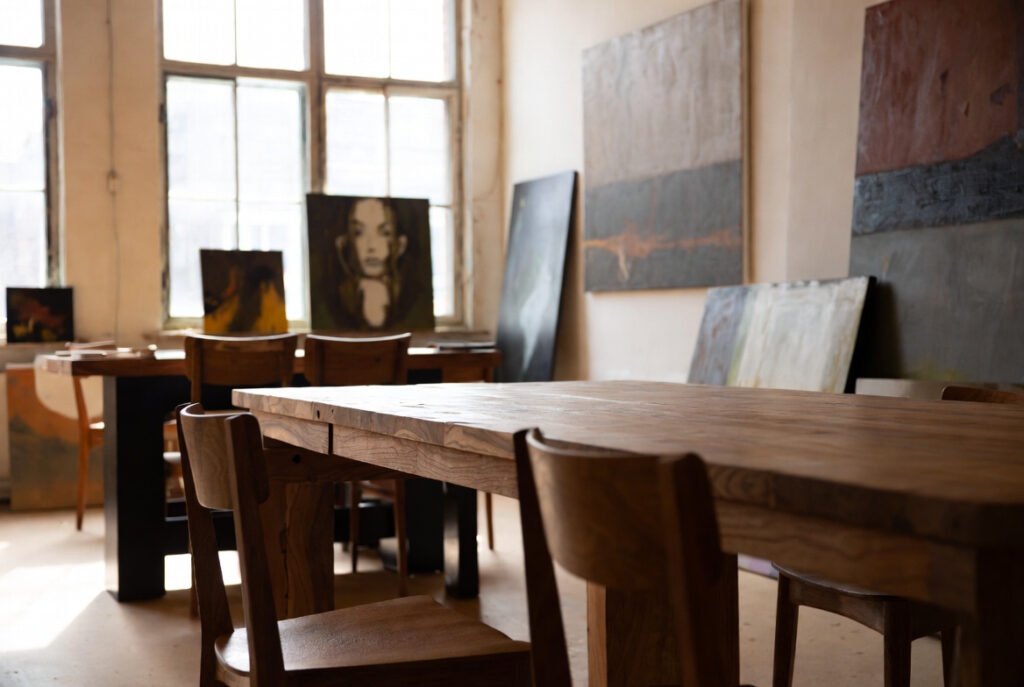 Espacio creativo con obra de arte contemporáneo y mesa de madera natural