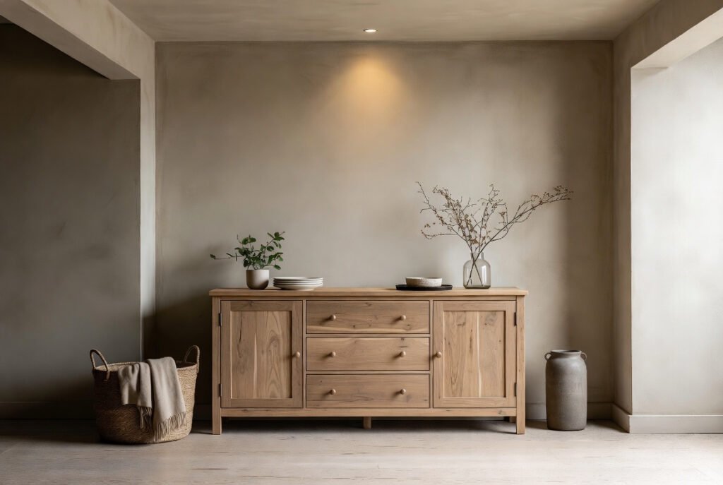 Mueble de madera maciza integrado en un espacio doméstico con luz natural