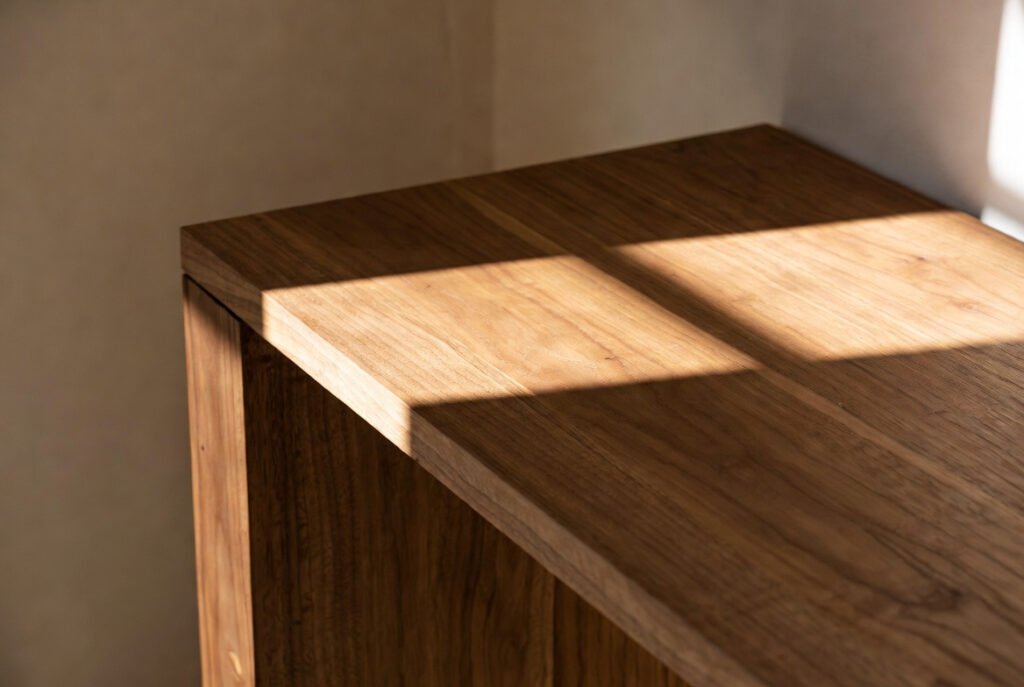 Superficie de madera maciza de acacia iluminada con luz natural