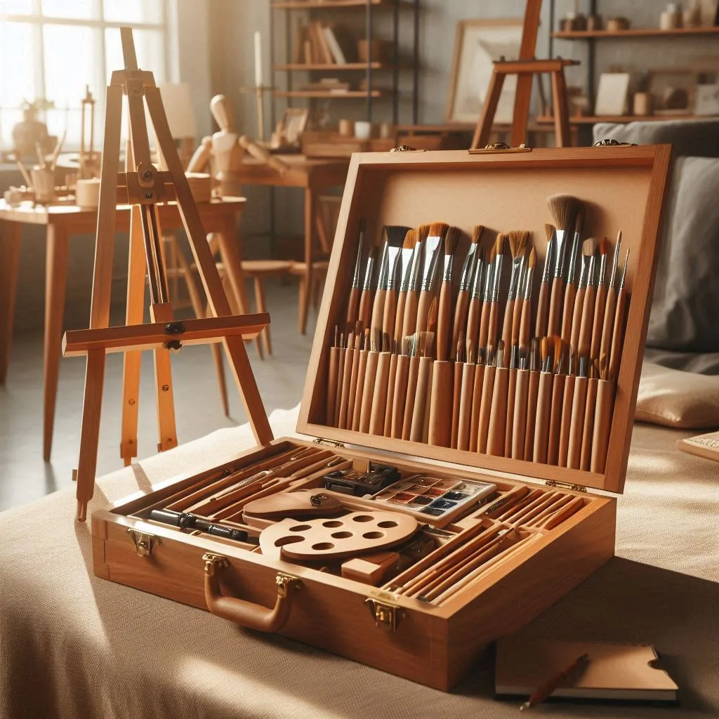 Set completo de artista con caballete y materiales de dibujo y pintura