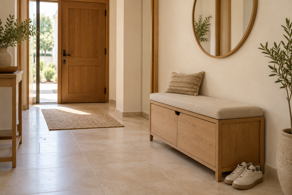 Banco zapatero de madera clara con asiento tapizado beige, espejo redondo y un par de zapatillas junto al mueble.