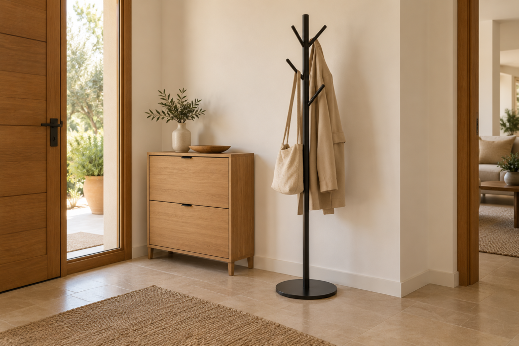 Perchero de pie negro con abrigo beige y bolso de tela junto a un zapatero de madera en un recibidor luminoso.
