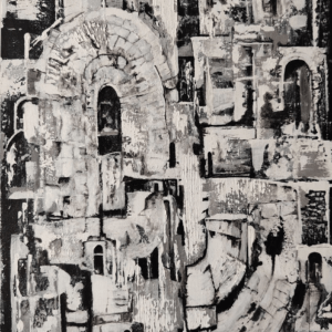 Obra original Arcos, pintura contemporánea en acrílico con relieve que representa arquitectura fragmentada y arcos en composición monocroma