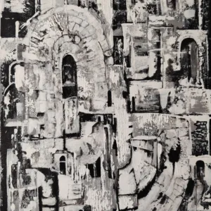 Obra original Arcos, pintura contemporánea en acrílico con relieve que representa arquitectura fragmentada y arcos en composición monocroma