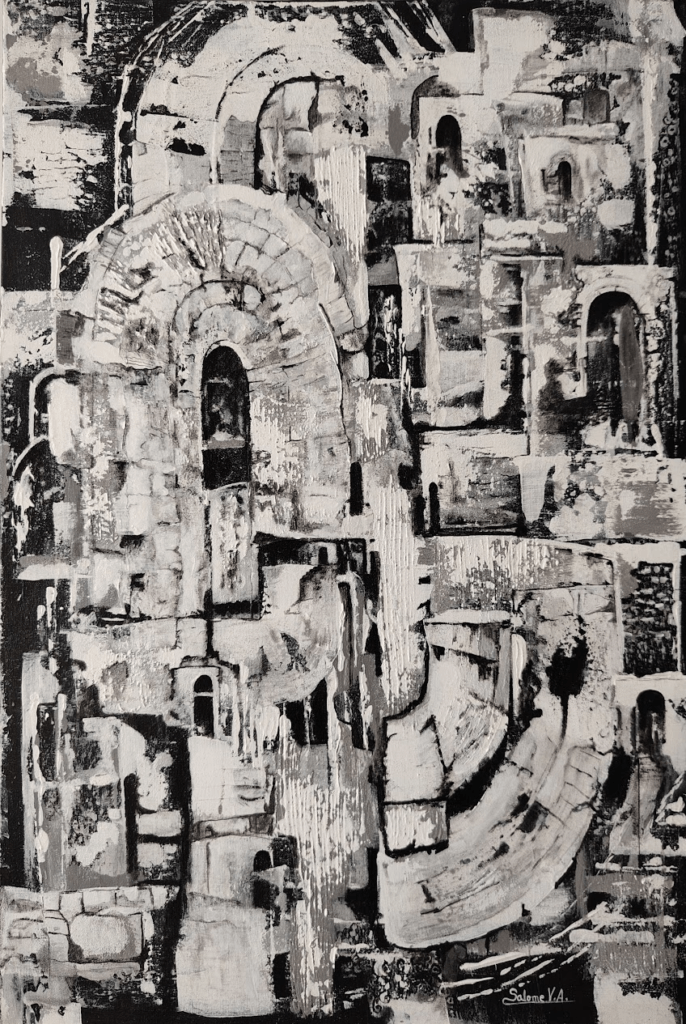 Obra original Arcos, pintura contemporánea en acrílico con relieve que representa arquitectura fragmentada y arcos en composición monocroma