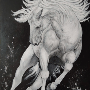 Caballo blanco, obra original de arte contemporáneo en acrílico sobre lienzo, figura animal en monocromo
