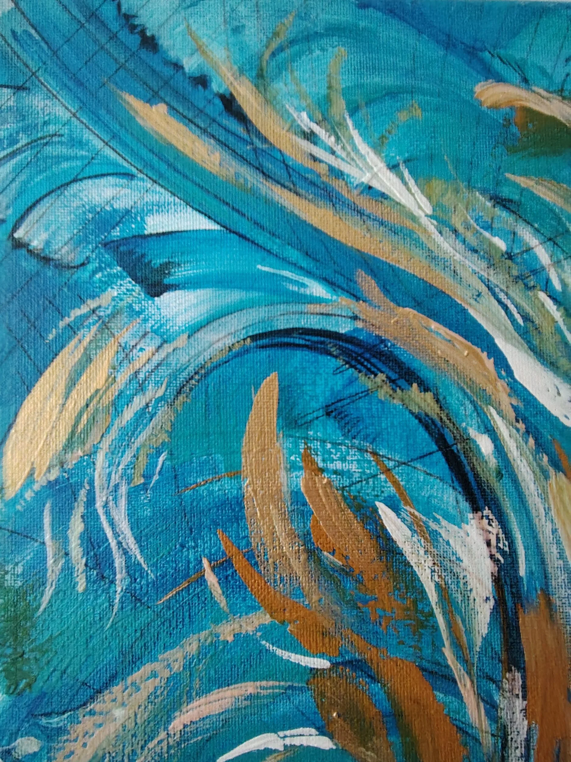 Detalle de capas de acrílico y trazos expresivos en la obra Flowers