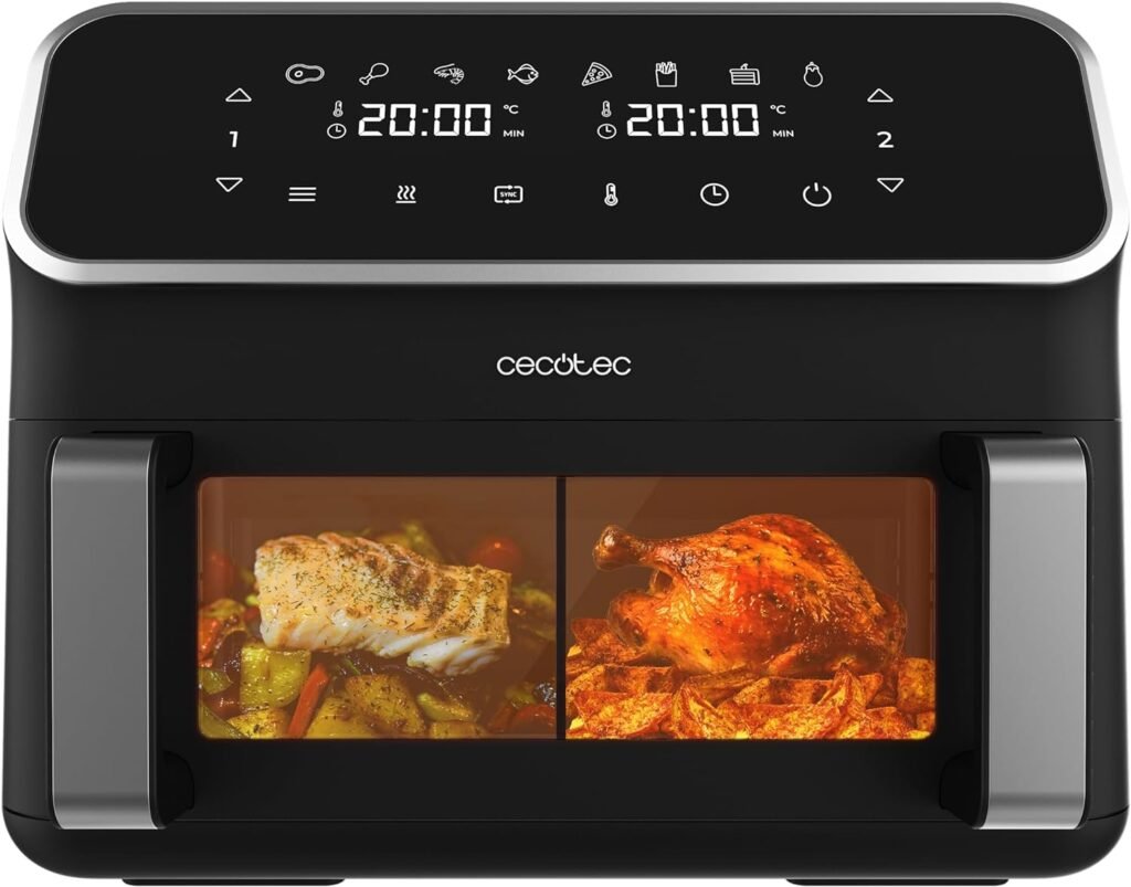 Cecotec Freidora de Aire Digital 9L con Ventana - Air Fryer Cecofry Panoramic 9000. 2700W, Pared Divisoria Móvil, Temperatura Dual, Temperatura de 80-200 ºC, 8 Modos, Panel Táctil Multifunción