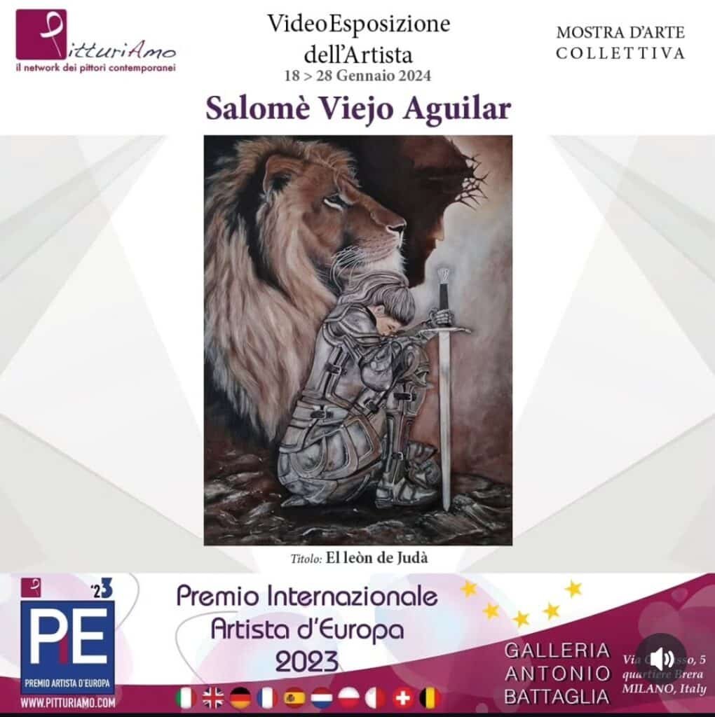 El León De Judá. Obra de arte en acrílico sobre lienzo 60 x 80 cm. Pintado a mano. obra original. Participación en muestra de arte colectiva. PitturiAmo. Premio Internacional Artista de Europa 2023. Galería Antonio Battaglia. Milano, Italy.