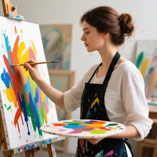 Ideas para Desarrollar la Creatividad en el Arte/ CreativeSalo, Mujer artista moderna pintando con técnicas mixtas