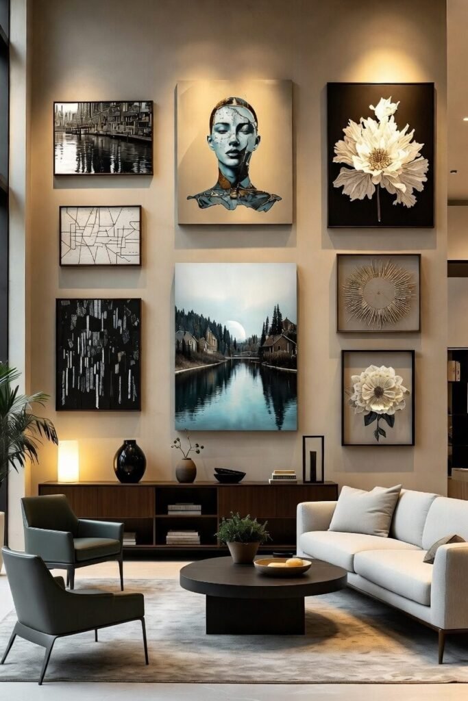 Obra de arte contemporáneo iluminada con luz cálida en un interior doméstico