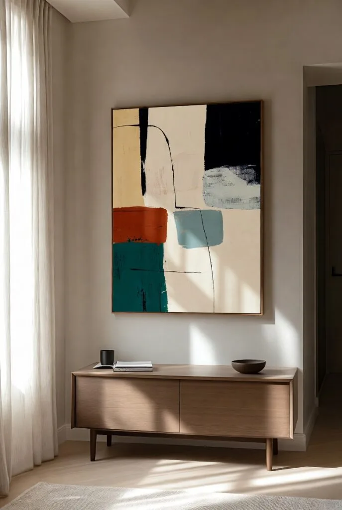 Arte contemporáneo acompañado de mobiliario auxiliar minimalista en el hogar