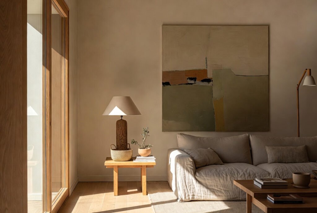 Obra de arte contemporáneo integrada en un salón contemporáneo con materiales naturales y luz suave
