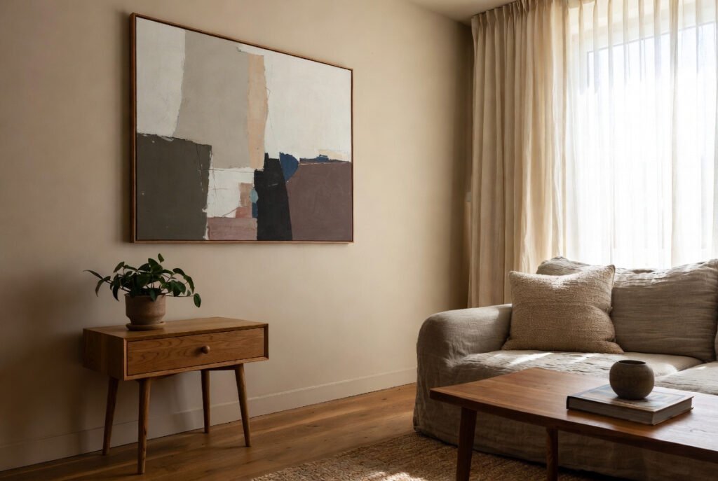 Arte contemporáneo integrado en un comedor de estilo contemporáneo con madera natural 