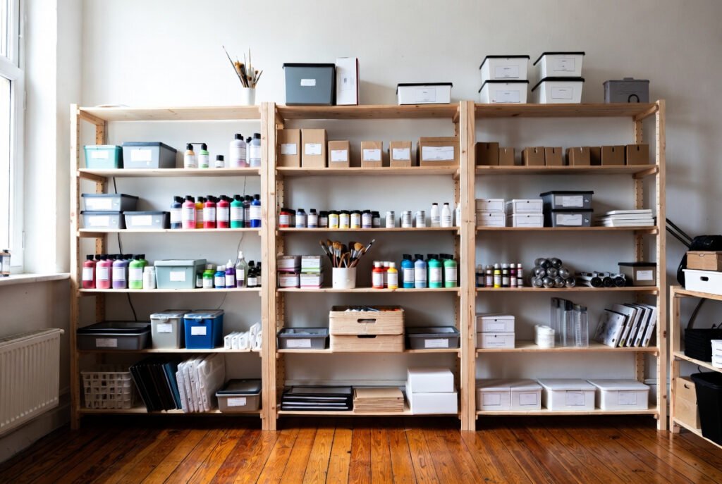 Estanterías abiertas con materiales en un espacio creativo
