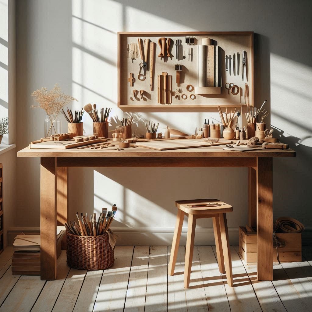 Mesa de trabajo de madera en un espacio creativo real
