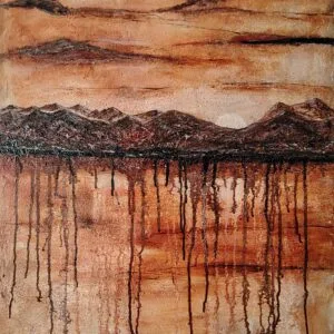 Montañas al atardecer, obra original abstracta con relieve en acrílico sobre lienzo
