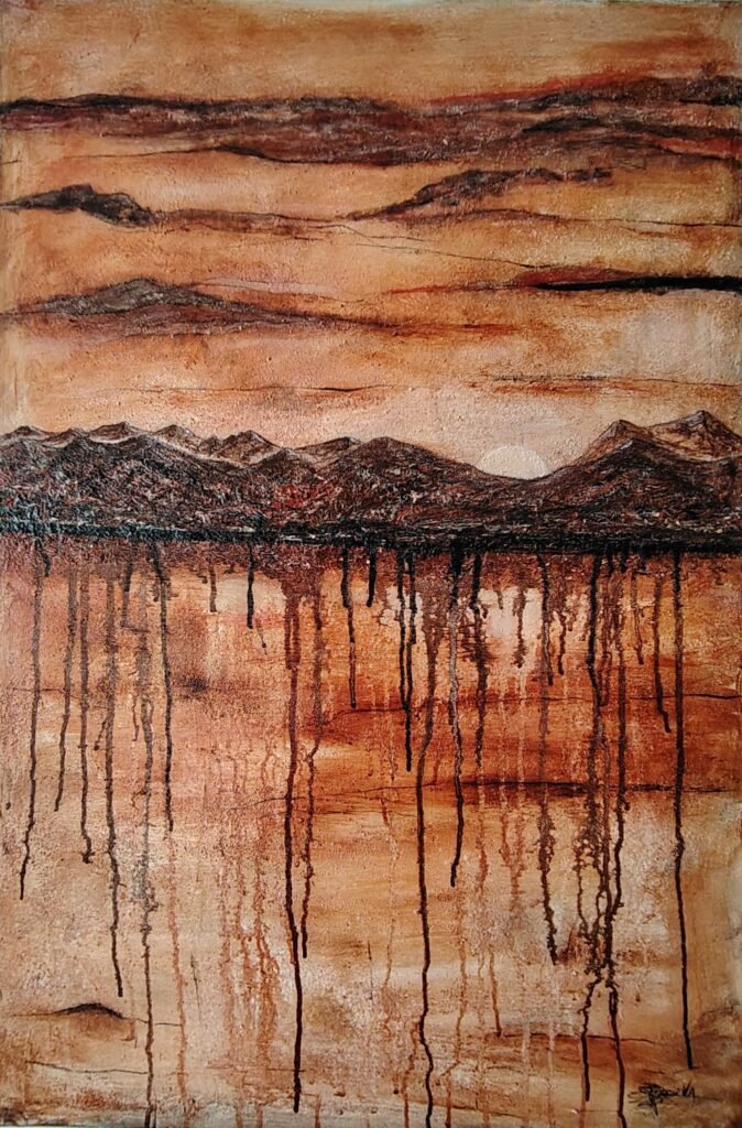 Montañas al atardecer, obra original abstracta con relieve en acrílico sobre lienzo