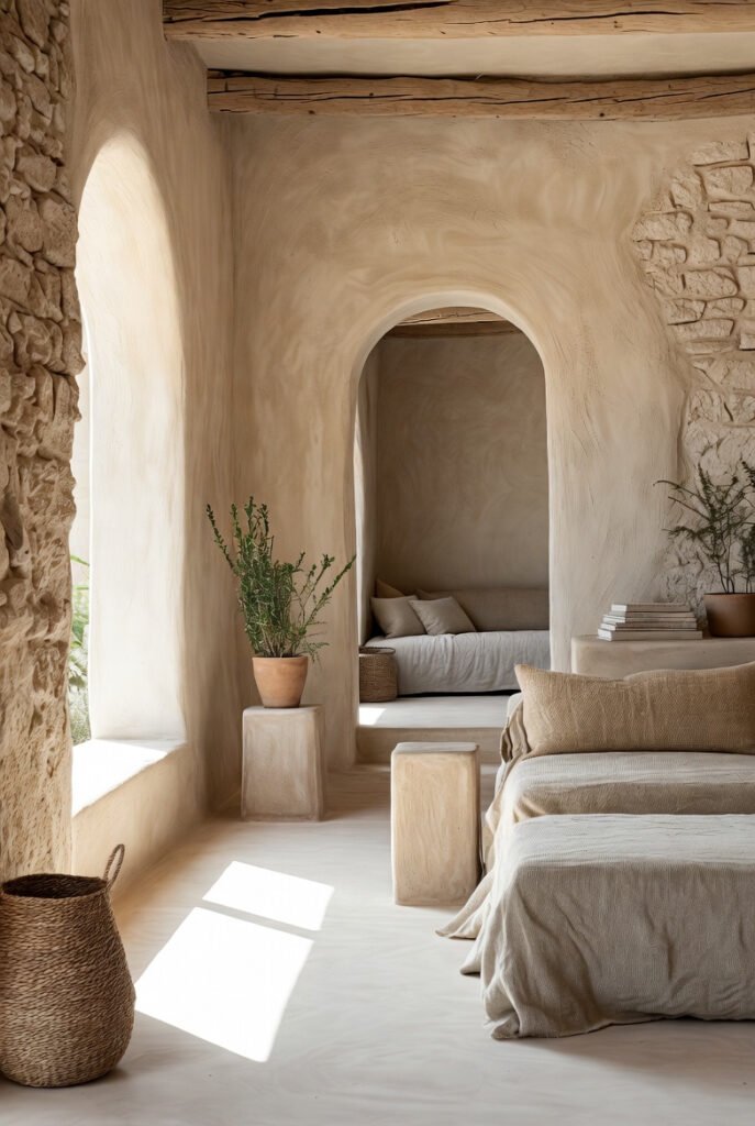 Interior mediterráneo con materiales naturales y paleta neutra