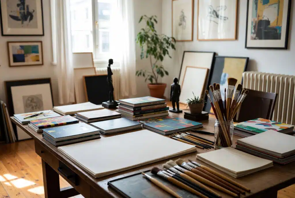 Espacio creativo con libros y materiales artísticos