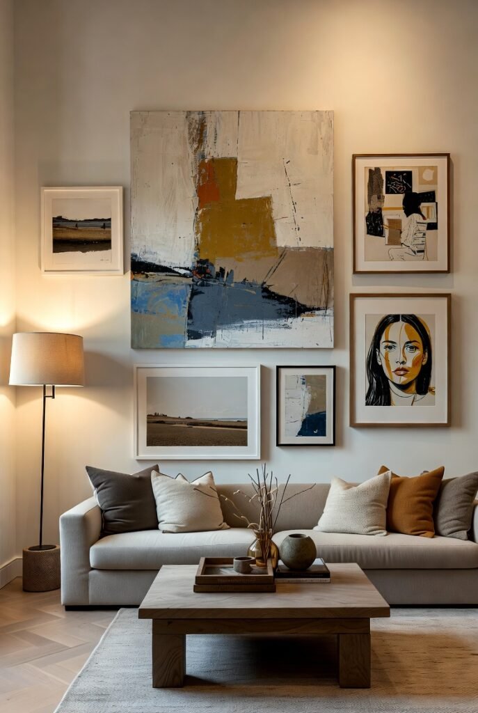 Rincón artístico en el hogar con obra contemporánea y luz natural