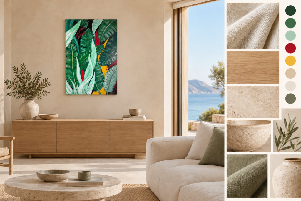 Moodboard con la obra Tropical sobre un aparador de madera en un salón con vistas al mar, junto a muestras de lino, piedra y cerámica.