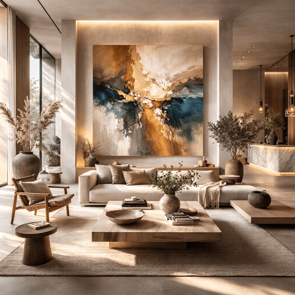 Arte abstracto con textura y colores actuales integrado en un proyecto de interiorismo contemporáneo