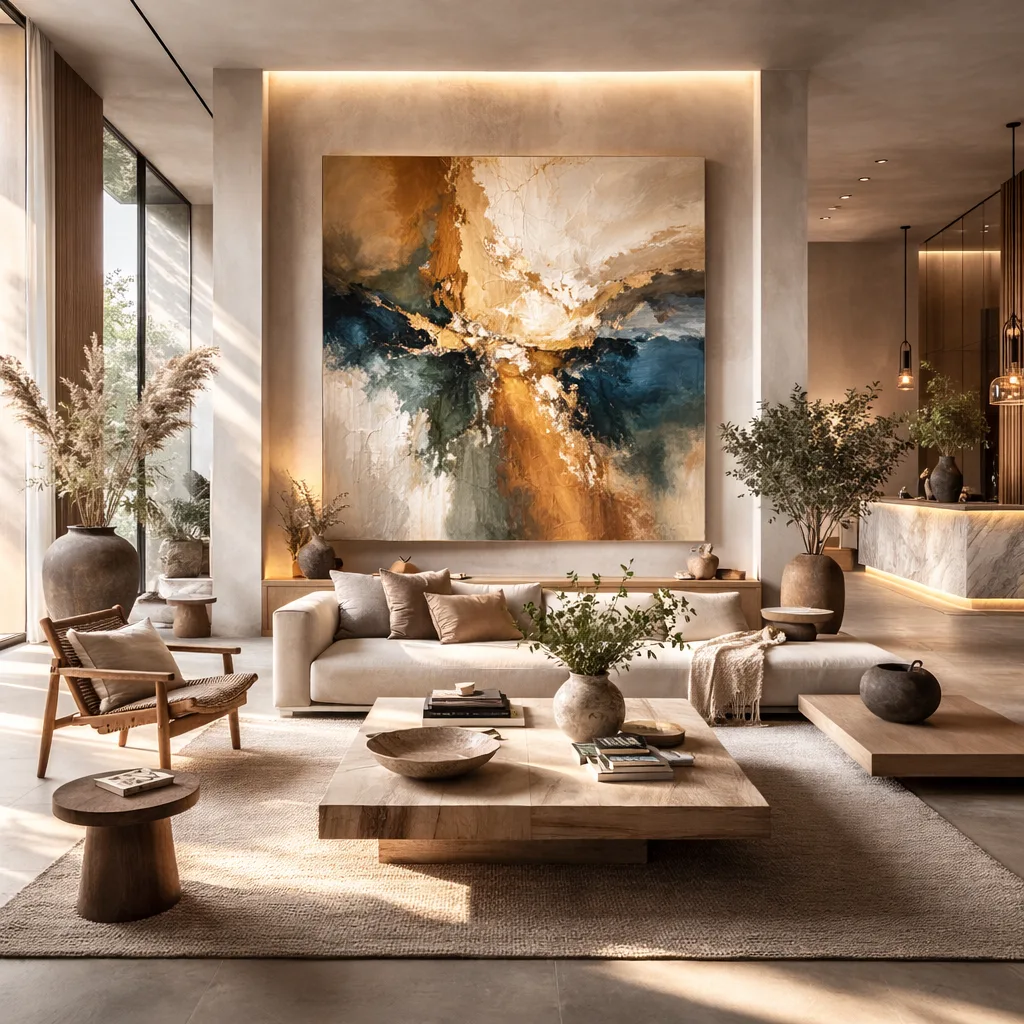 Arte abstracto con textura y colores actuales integrado en un proyecto de interiorismo contemporáneo