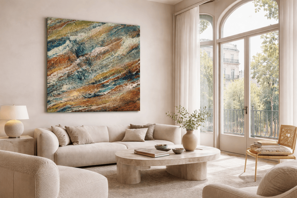 Arte contemporáneo exclusivo con relieve estructural en proyecto de interiorismo en Barcelona.