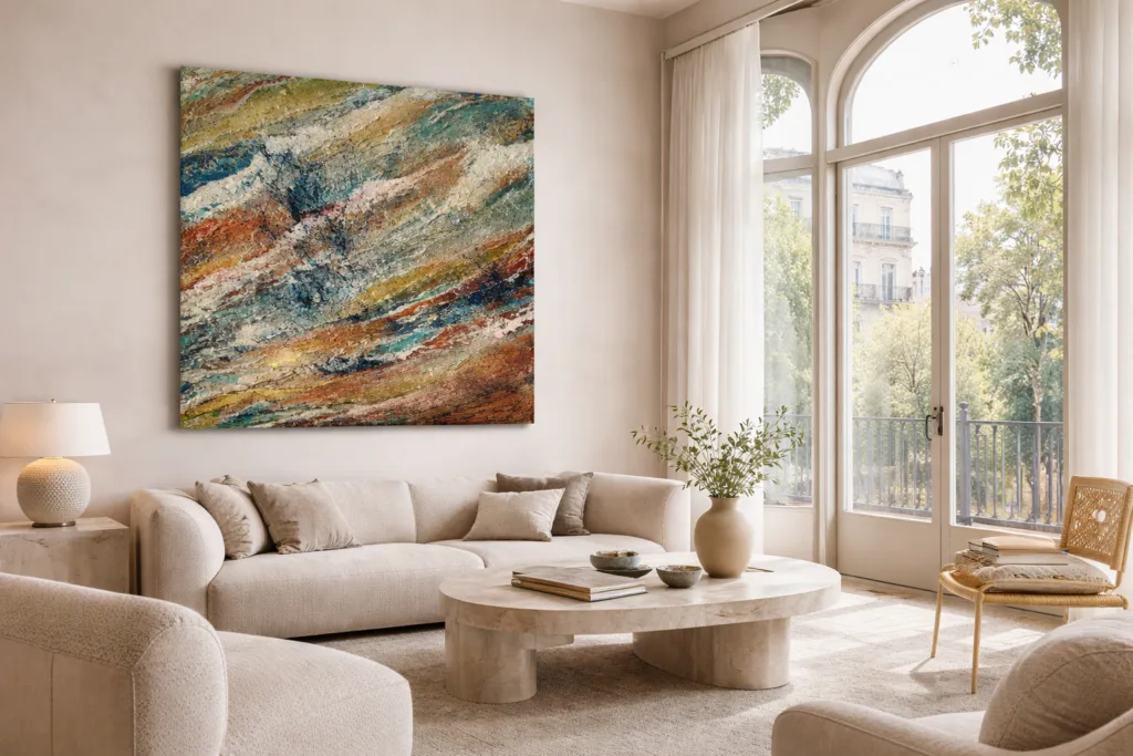 Arte contemporáneo exclusivo con relieve estructural en proyecto de interiorismo en Barcelona.