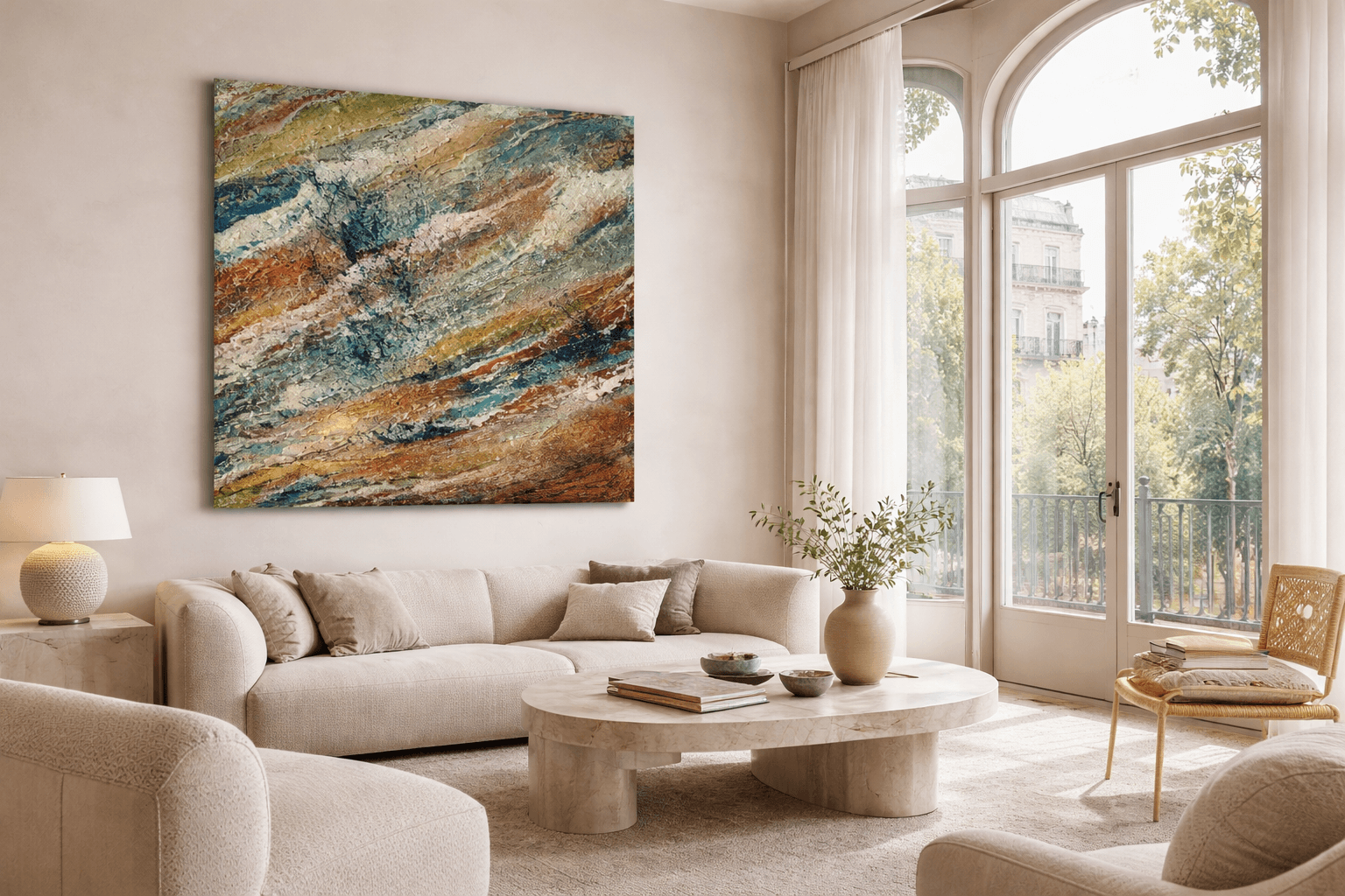 Arte contemporáneo exclusivo con relieve estructural en proyecto de interiorismo en Barcelona.