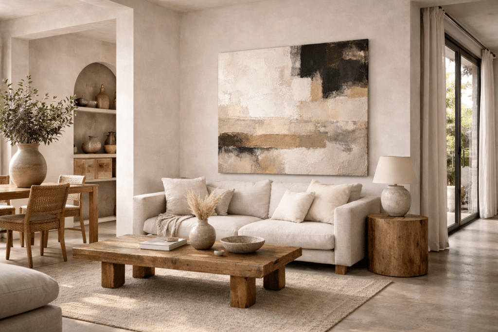 ilustración conceptual de arte contemporáneo integrado en espacio interior moderno