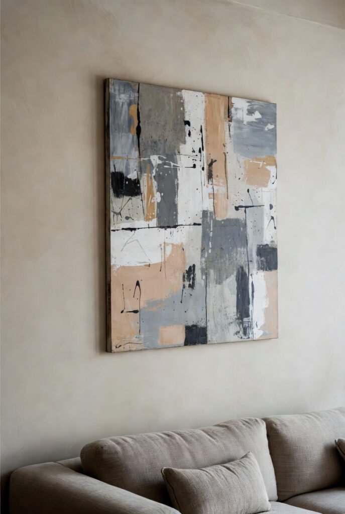 cuadro grande de arte contemporáneo con proporción correcta en pared de salón
