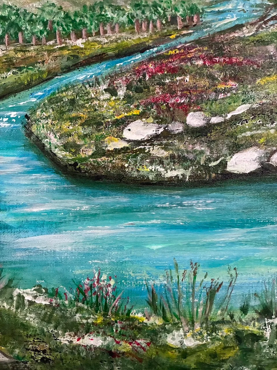 Detalle del río en la obra Paisaje arquitectónico, pintura contemporánea original