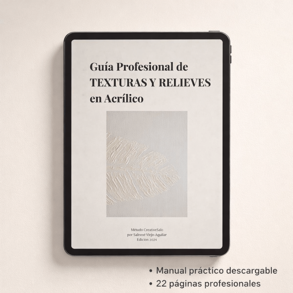 Mockup digital de la Guía Profesional de Texturas y Relieves en Acrílico de CreativeSalo visualizada en tablet