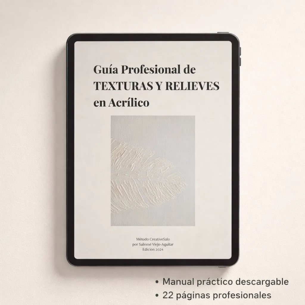 Mockup digital de la Guía Profesional de Texturas y Relieves en Acrílico de CreativeSalo visualizada en tablet