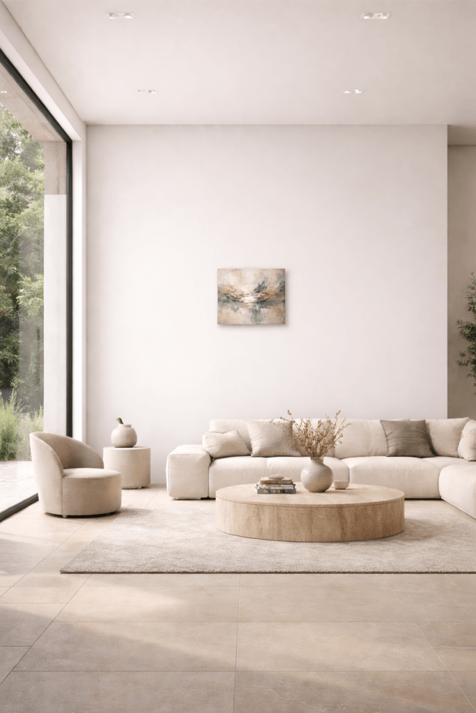 Obra de arte moderno de pequeñas dimensiones integrada en un salón moderno