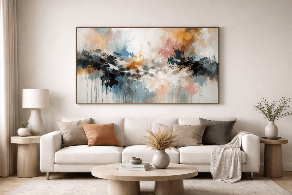 Obra de arte abstracto integrada en salón grande de estilo minimalista