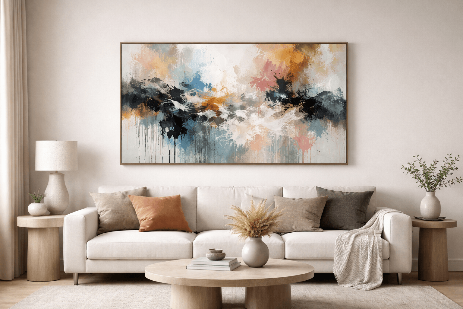 Obra de arte abstracto integrada en salón grande de estilo minimalista