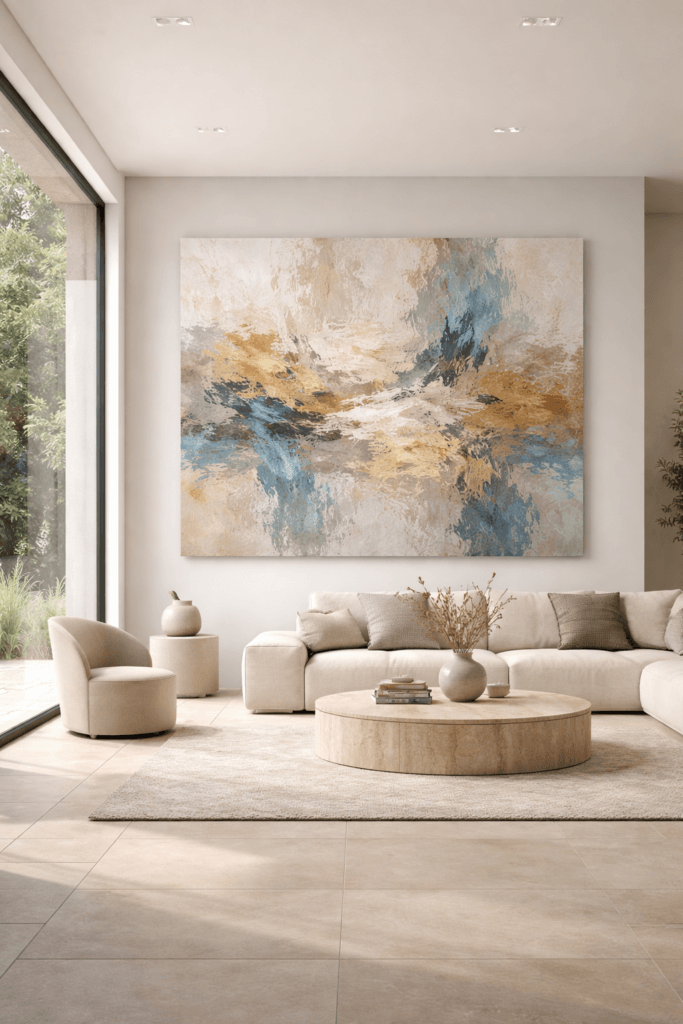 Obra de arte moderno integrada en un salón minimalista