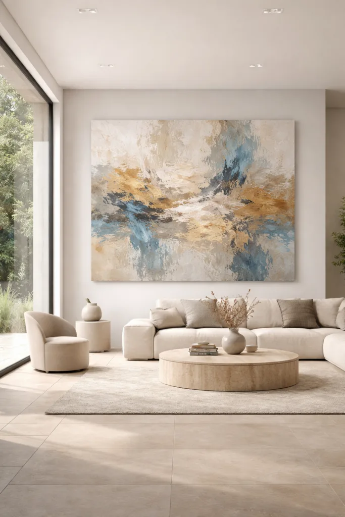 Obra de arte moderno integrada en un salón minimalista